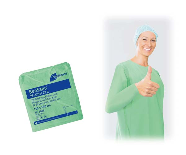 BeeSana Schutzkittel aus PP- zum binden- grün- 110x140cm- Lange Ärmel mit Gummizug- P-10 Stück unter Klinik- und Pflegeheimbedarf  > Testcenter