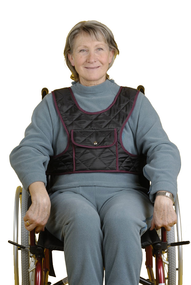 Fixierweste Auxilia mit Tasche- Stabilisierung des Oberkörpers im Rollstuhl- Steckverschlusssystem verbindet 3 Bänder miteinander: 2 über den Schultern und 1 um die Taille herum unter Rollstuhlgurte > Rollstuhlgurte > PharmaOuest