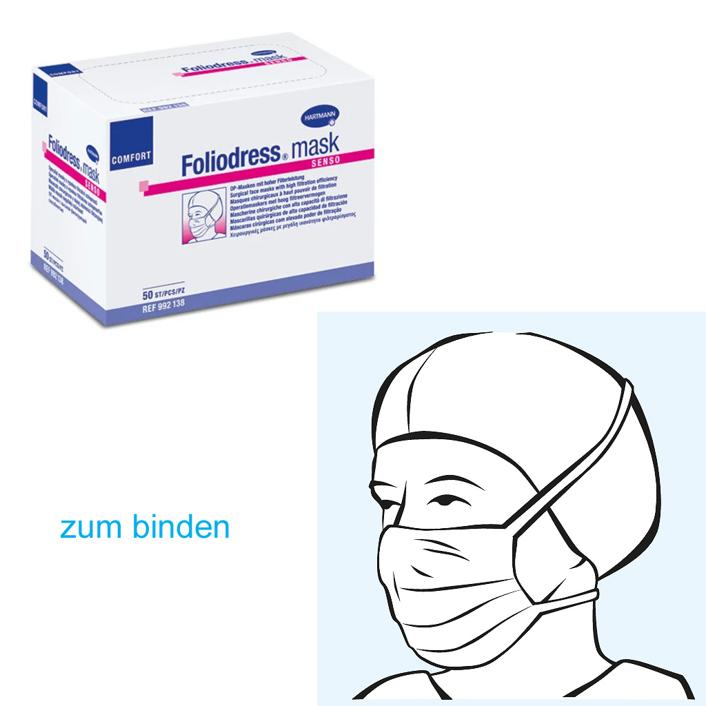 Foliodress Mask Comfort Senso blau- OP-Masken mit hoher Filterleistung Typ II- besonders weichen und leichten Materialkombination- mit ultraschallverschweissten Bndern zum binden- P-50 Stck