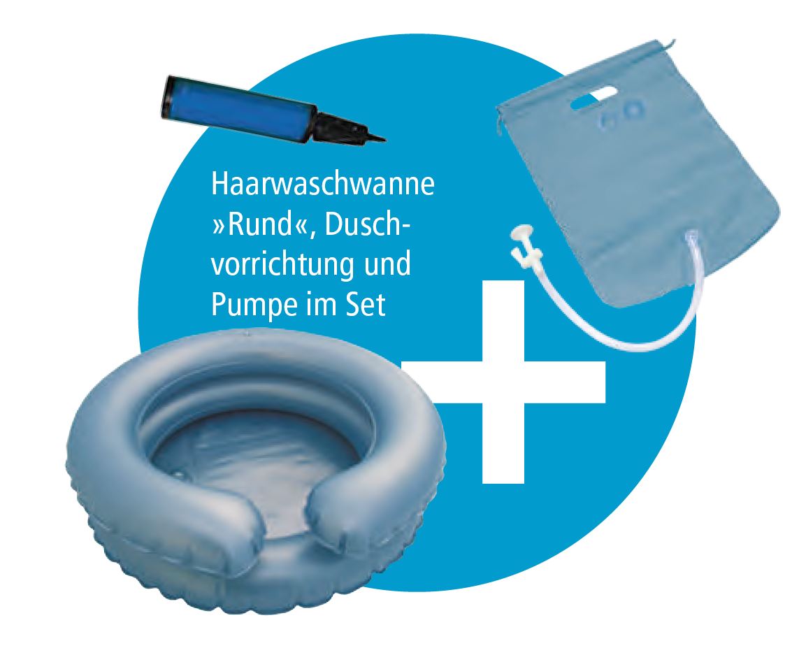 Haarwaschwannen-Set rund- inkl- Duschvorrichtung und Pumpe- aufblasbare Haarwaschwanne- 2-reihig- mit absperrbarem Wasserablauf und Kopfmulde