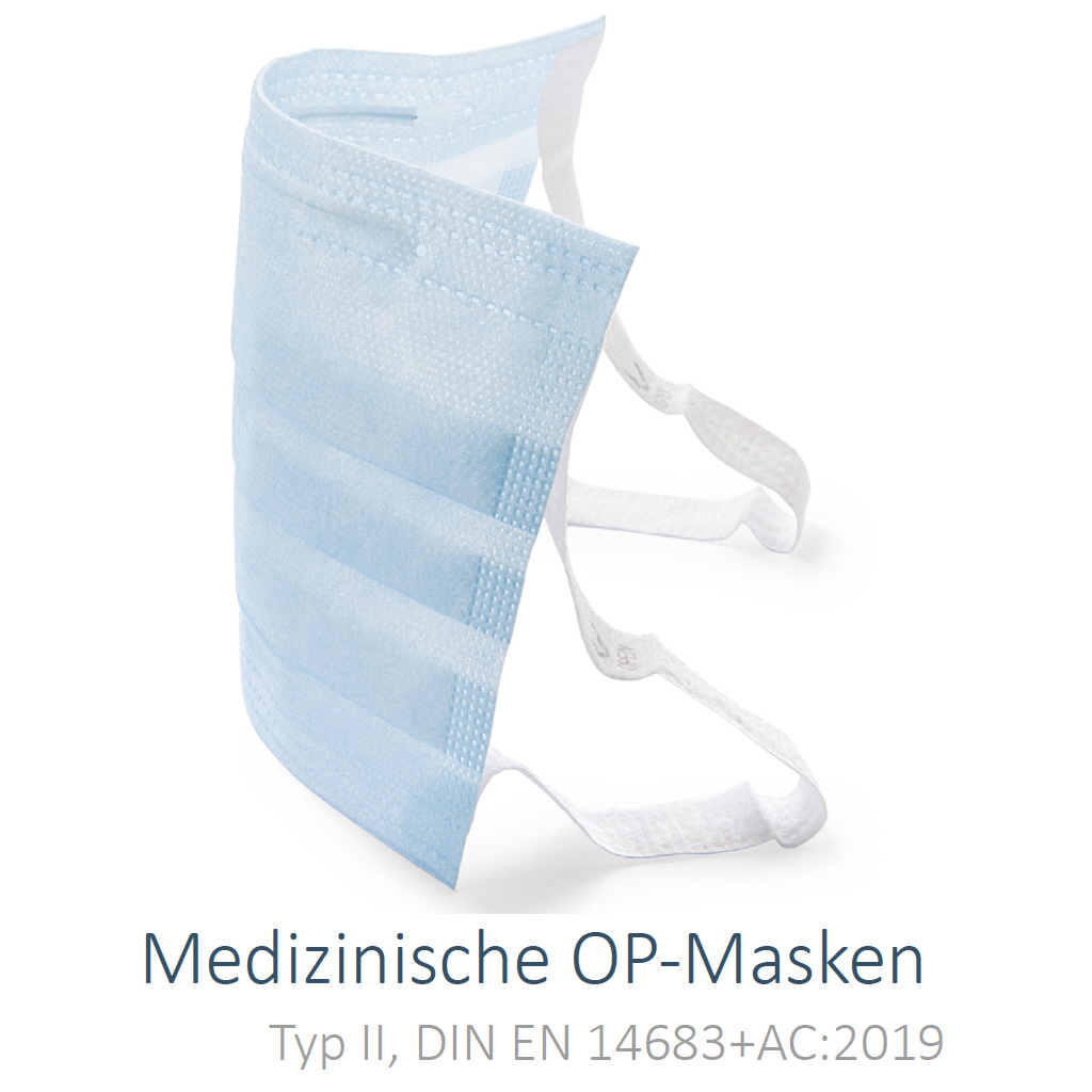 Medizinische OP-Masken- MNS Mundschutzmasken Typ II- DIN EN 14683+AC:2019- 3-lagig- Nasenbügel- Gummibänder- 50er Pack