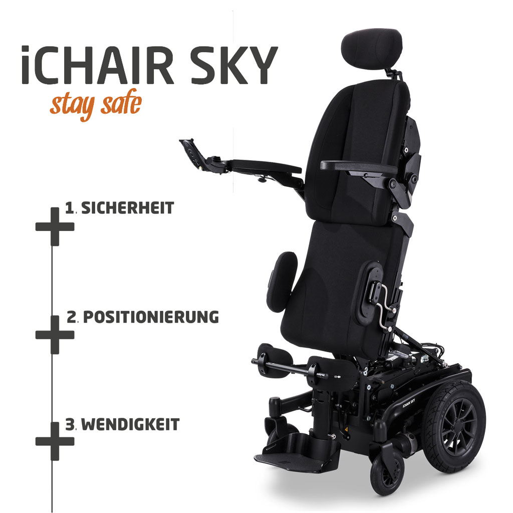 Meyra iChair Sky Elektro-Rollstuhl- Aufstehrollstuhl- Stehfunktion- Liegefunktion- Sitzlift- Sitzkantelung- Rückenverstellung- Memory-Funktion- wendiger Mittelradantrieb- Sitzsystem biomechanisch uvm- unter Elektro-Rollstühle > Meyra