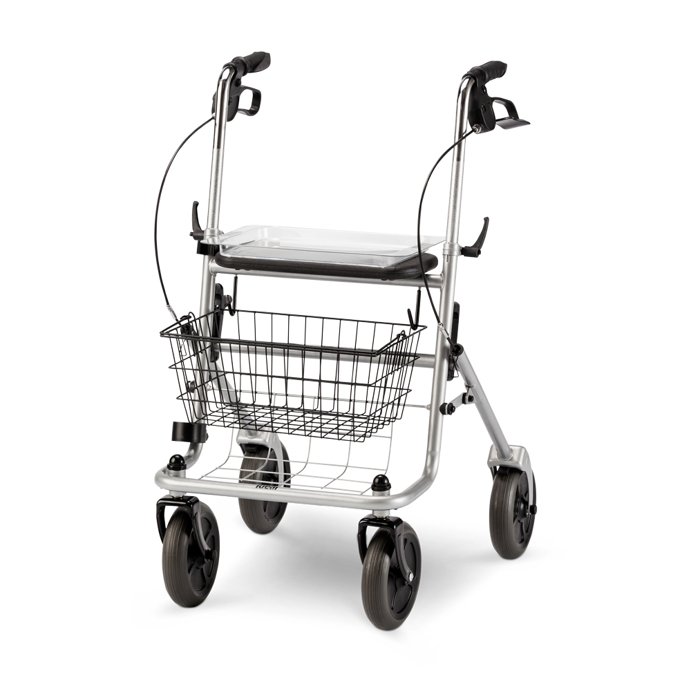 Meyra Ideal Rollator- Silber- Komplettset- Standardrollator- Stockhalter- Korb- Tablett- bis 130kg (neue Serie- dunkle Bereifung)