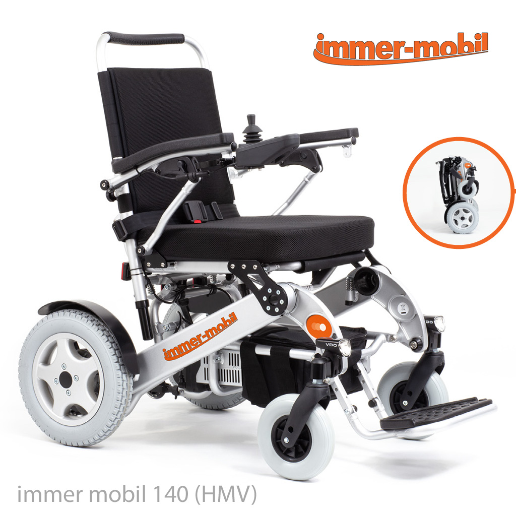 MIETEN - Elektro-Rollstuhl immer-mobil 140 HMV- 6 km-h- faltbar- leicht- robust + alltagstauglich- inkl- zwei Akkus Li-Ion Cell für mehr Reichweite- Vollgummireifen pannensicher- bis 140kg