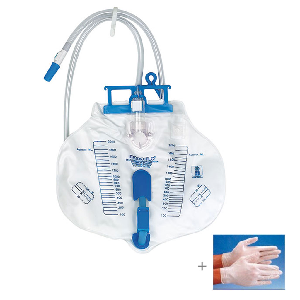 MonoFlo Homecare Bettbeutel- Volumen 2000ml- Schlauch 90cm- steril- inkl- 1 Paar sterile Handschuhe (AV) unter Bett Nachtbeutel