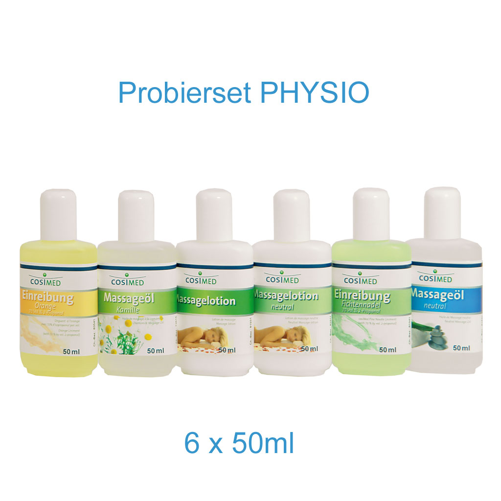 Probierset Physio: 6 x 50 ml Probierflaschen (Massageprodukte für Physiotherapie)