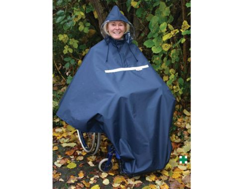 Regenponcho Standard- Gr- 5 (Large)- für Rollstuhlfahrer- Fb- blau- mit Kapuze und Sichtfenster- Reflektorstreifen Poncho unter Schlupfsäcke & Regencapes > Wärme Therapie > Orgaterm