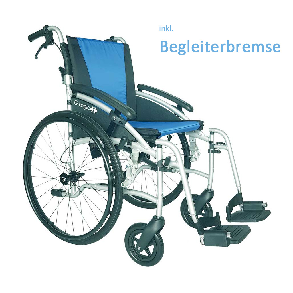 Rollstuhl G-Logic 24- blau- SB 45cm- Begleiterbremse- Gewicht nur 11-5kg- faltbar- der ideale Alu-Reise-Transport-Rollstuhl- Klapprücken- Leer-Transportgewicht nur 7-5kg unter Standardrollstuhl > Leichtgewichtsrollstuhl > Reise & Transportstühle