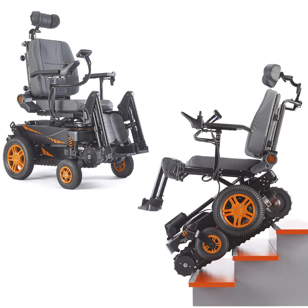 Treppensteigender Elektro-Rollstuhl TOPCHAIR- orange- inkl- elektrische Sitzkantelung- Joystick- E-Rollstuhl und Treppensteiger in einem- Probefahrt und Angebot anfordern unter Elektro-Rollstühle > Treppensteiger